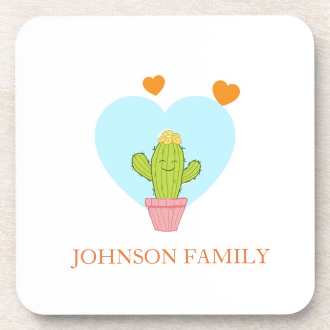 Posavasos personalizable nombre familia pequeño cactus lindo (Frente)