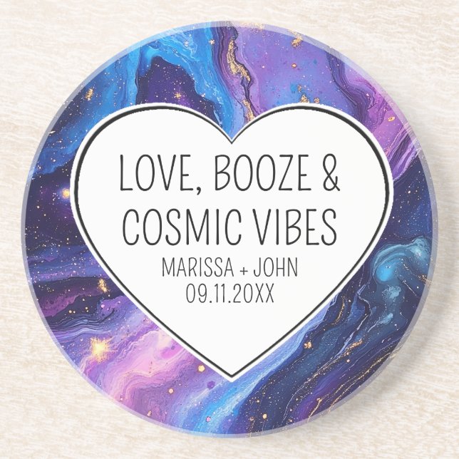 Posavasos Personalizado Amor, Booze y Boda de Vibes Cósmicas (Frente)
