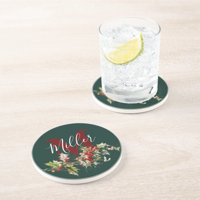 Posavasos personalizado con acebo y bayas (Lado)