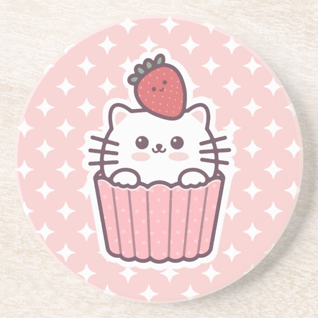Posavasos Personalizado de tarta de gatos de fresa de Kawaii (Frente)