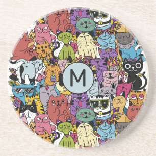 Posavasos Personalizado Monograma Gracioso Gatos Ilustracion
