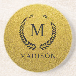Posavasos Personalizado Monograma Negro y Dorado Brillante