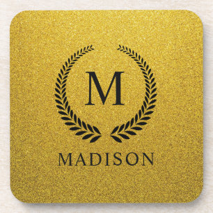 Posavasos Personalizado Monograma Negro y Dorado con Brillo 