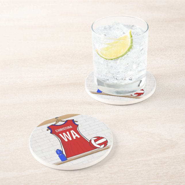 Posavasos Personalizado Netball Uniforme rojo con azul y bla (Lado)