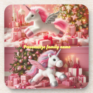 Posavasos Personalizar de unicornio rosa de Feliz Navidad