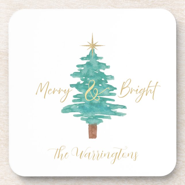 Posavasos Personalized "Merry and Bright" Watercolor Tree (Frente)
