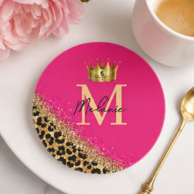 Posavasos Personalized Pink Leopard Gold Glitter Monogram  (Subido por el creador)