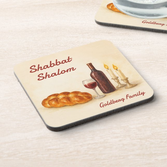 Posavasos Personalized Shabbat Shalom Watercolor Coaster  (Lado Izquierdo)