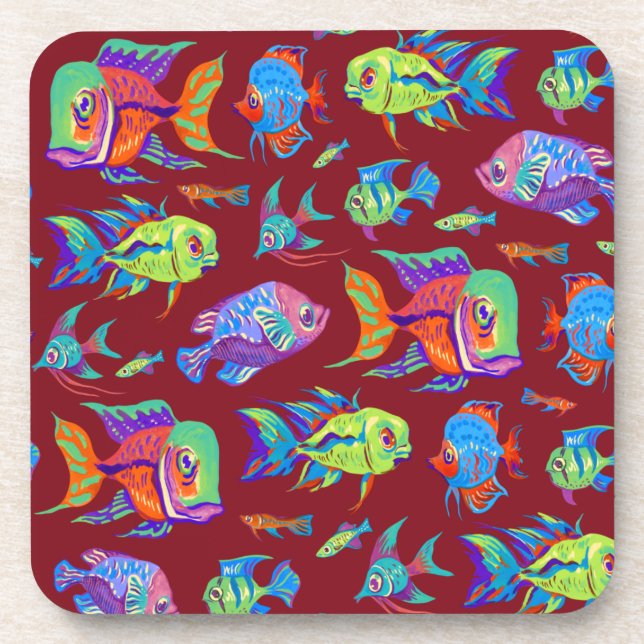 Posavasos Pesca tropical divertida en rojo oscuro (Frente)