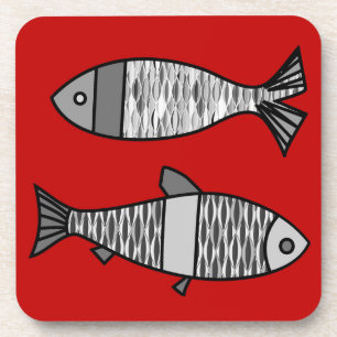 Posavasos Pescado retro moderno, rojo profundo y gris / gris