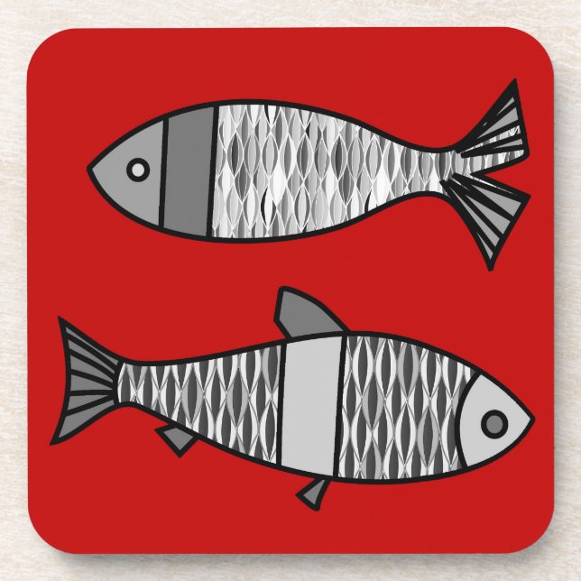 Posavasos Pescado retro moderno, rojo profundo y gris / gris (Frente)