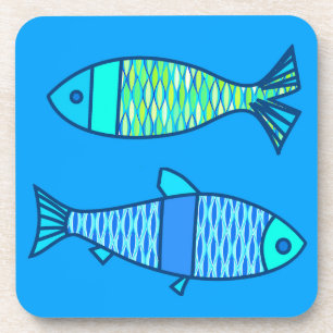 Posavasos Pescado retro moderno, turquesa y azul ceruleano