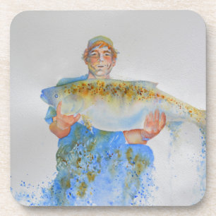Posavasos Pescador acuarela pintura regalo de pesca para él