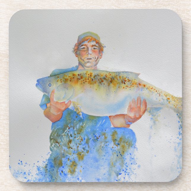 Posavasos Pescador acuarela pintura regalo de pesca para él (Frente)
