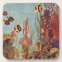 Pez ángel en coral, pez tropical vintage en océano
