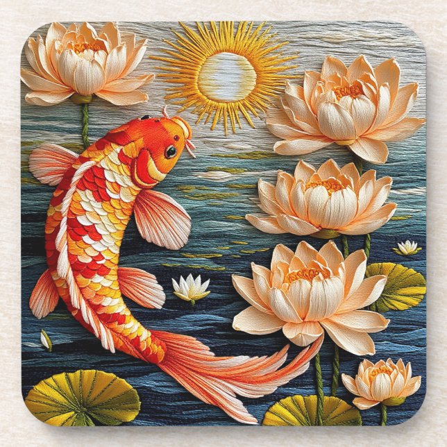 Posavasos Pez Koi Rodeado de Flores de Loto (Frente)