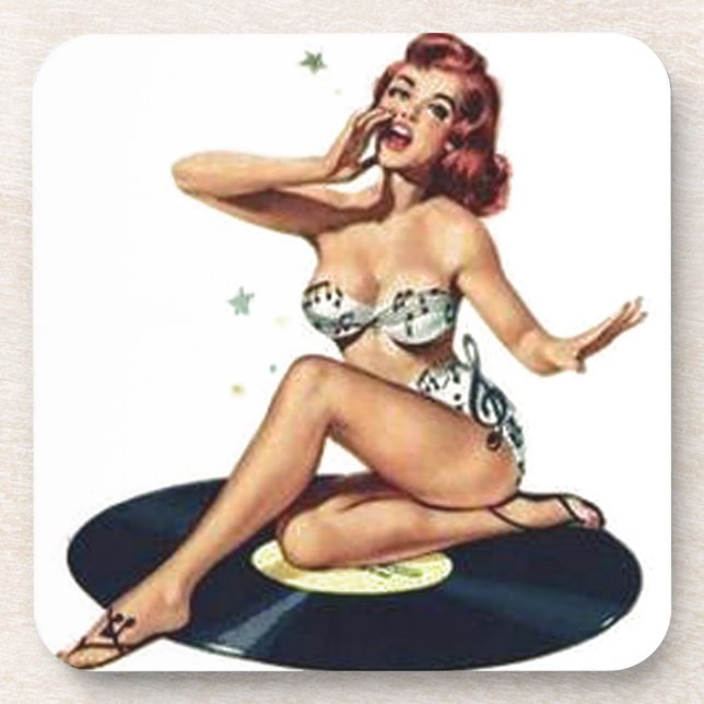 Posavasos Pin Up Chica sentado en Record (Frente)