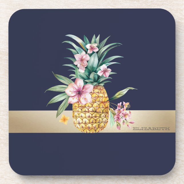 Posavasos Piña floral, banda de oro (Frente)