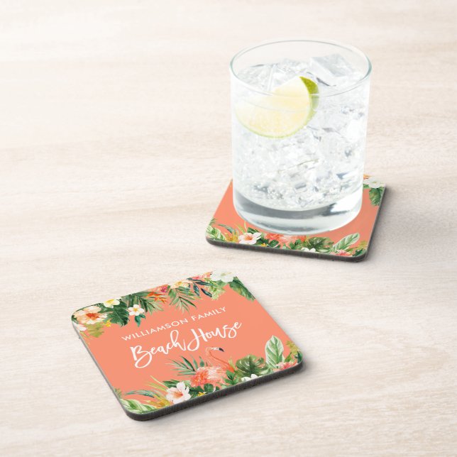 Posavasos Pincel Script Tropical Coral Floral Beach House (Lado Derecho)
