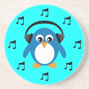 Posavasos Pingüino azul de DJ, auriculares y notas musicale