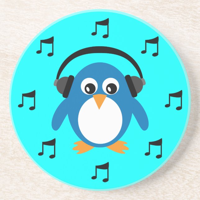 Posavasos Pingüino azul de DJ, auriculares y notas musicales (Frente)