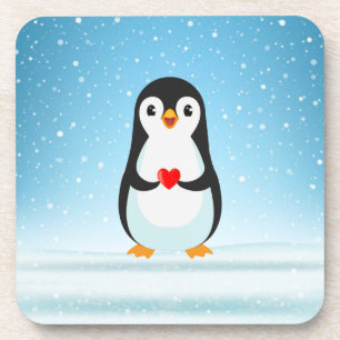 Posavasos Pingüino Feliz Sosteniendo un Corazón