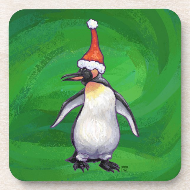 Posavasos Pingüino lindo con sombrero de Santa en verde (Frente)