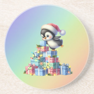 Posavasos Pingüino Navidad con regalo y tarjeta de luz