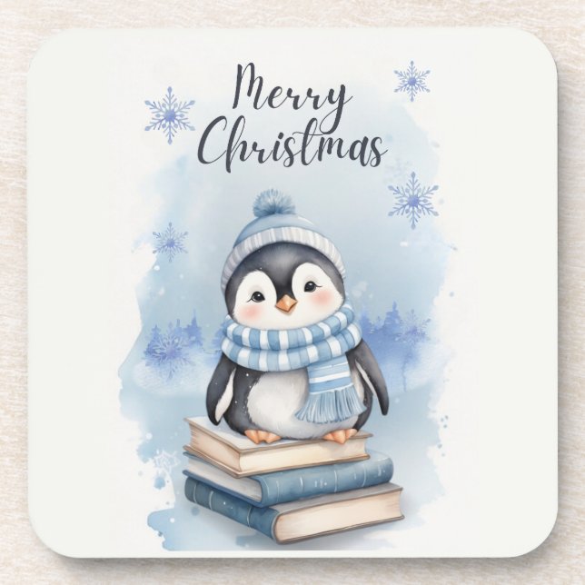 Posavasos Pingüino Navidades de acuarela (Frente)