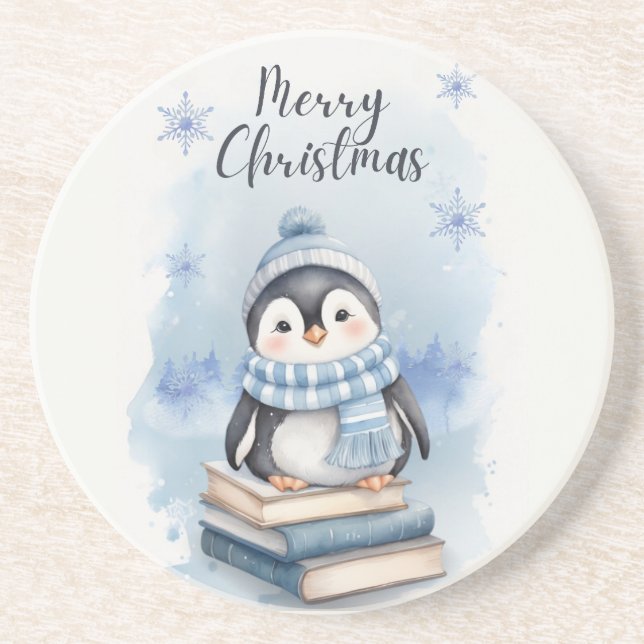 Posavasos Pingüino Navidades de acuarela (Frente)