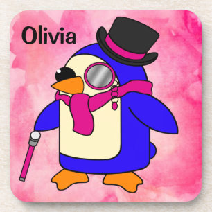 Posavasos Pingüino personalizado lindo de color rosa