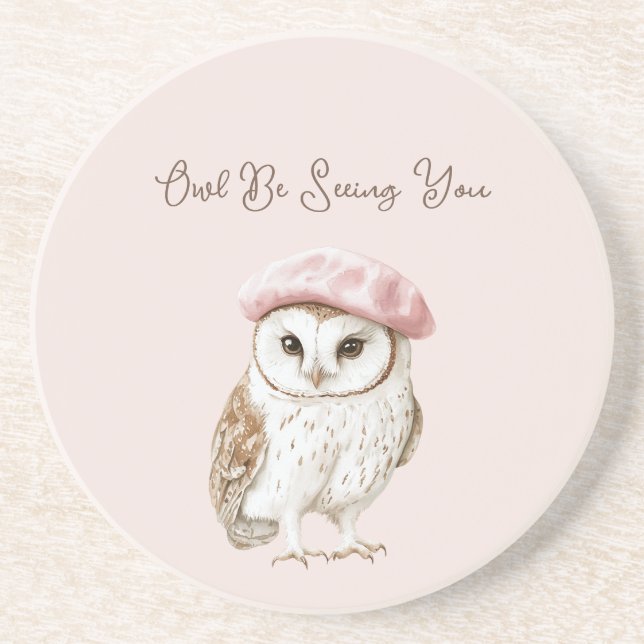Posavasos Pink Beret Brown White Owl Be Seeing You (Frente)