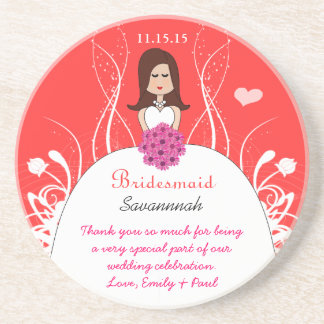Posavasos Pink Coral Long Brown Hair Bridesmaid Gown Coaster