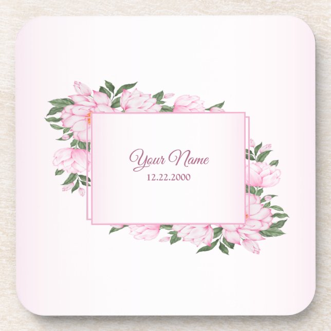 Posavasos Pink Floral Green Leaves Elegant Wedding Party (Frente)