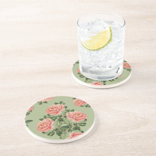 Posavasos Pink Floral Pattern on Green Background | Seamless (Lado)