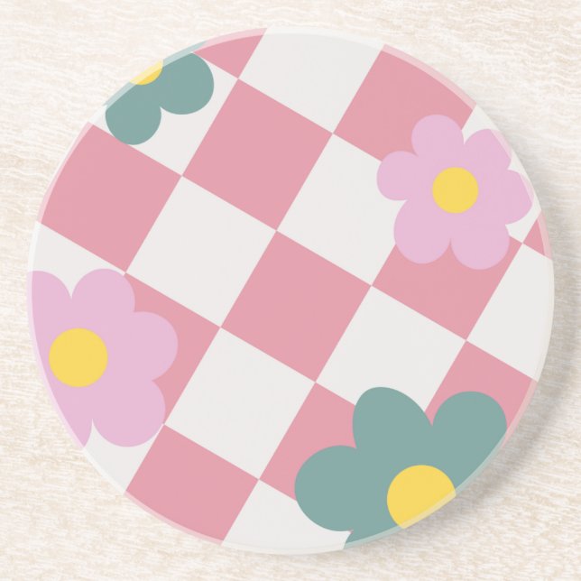 Posavasos Pink Gingham Floral Pattern – Retro Cute Flower  (Frente)