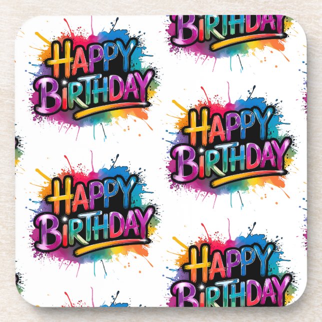 Posavasos Pink Happy Birthday Graffiti Plastic Coaster (Frente)