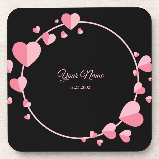 Posavasos Pink Heart Black Geometric Wedding Party Elegant (Frente)