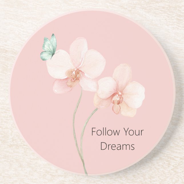 Posavasos Pink Orchid Flowers Mint Green Butterfly (Frente)
