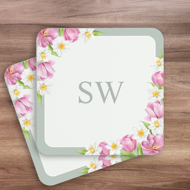 Posavasos Pink Tulips Spring Flowers Monogram Coasters (Subido por el creador)