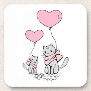 POSAVASOS PINK VALENTINE HEART BALLOONES CON KITTENS GRIS