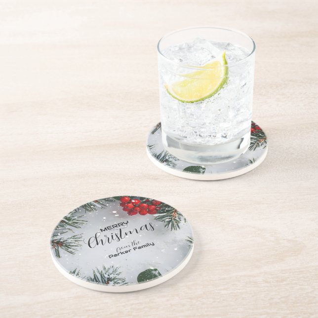 Posavasos Pino cubierto de nieve, Holly Berries, sin foto (Lado)