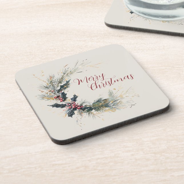 Posavasos Pino elegante y corona holly con acentos dorados (Lado Izquierdo)