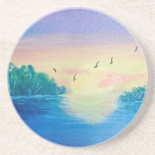 Posavasos Pintado de aceite original de Ocean Sunset en una