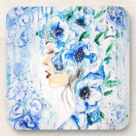 Posavasos Pintado de fantasía de mujer floral azul