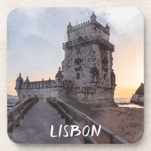 Posavasos Pintura acuarela de la torre Belem al atardecer