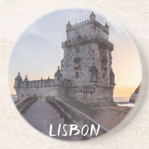 Posavasos Pintura acuarela de la torre Belem al atardecer
