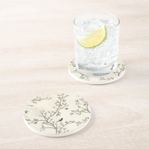 Posavasos Pintura al Acuarela de Rama de Pájaro Beige Natura