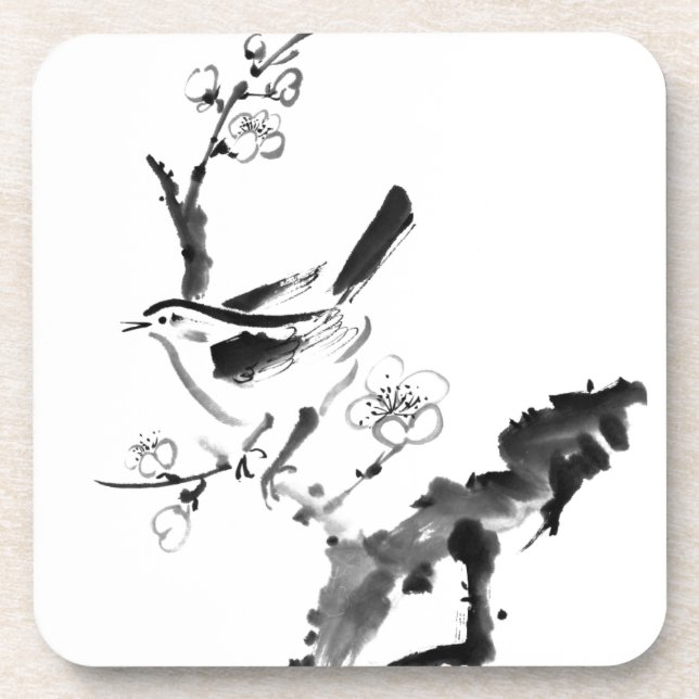 Posavasos Pintura china, flor del ciruelo y pájaro (Frente)