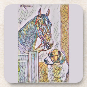 Posavasos pintura clásica de caballo y perro en vidrio emplo